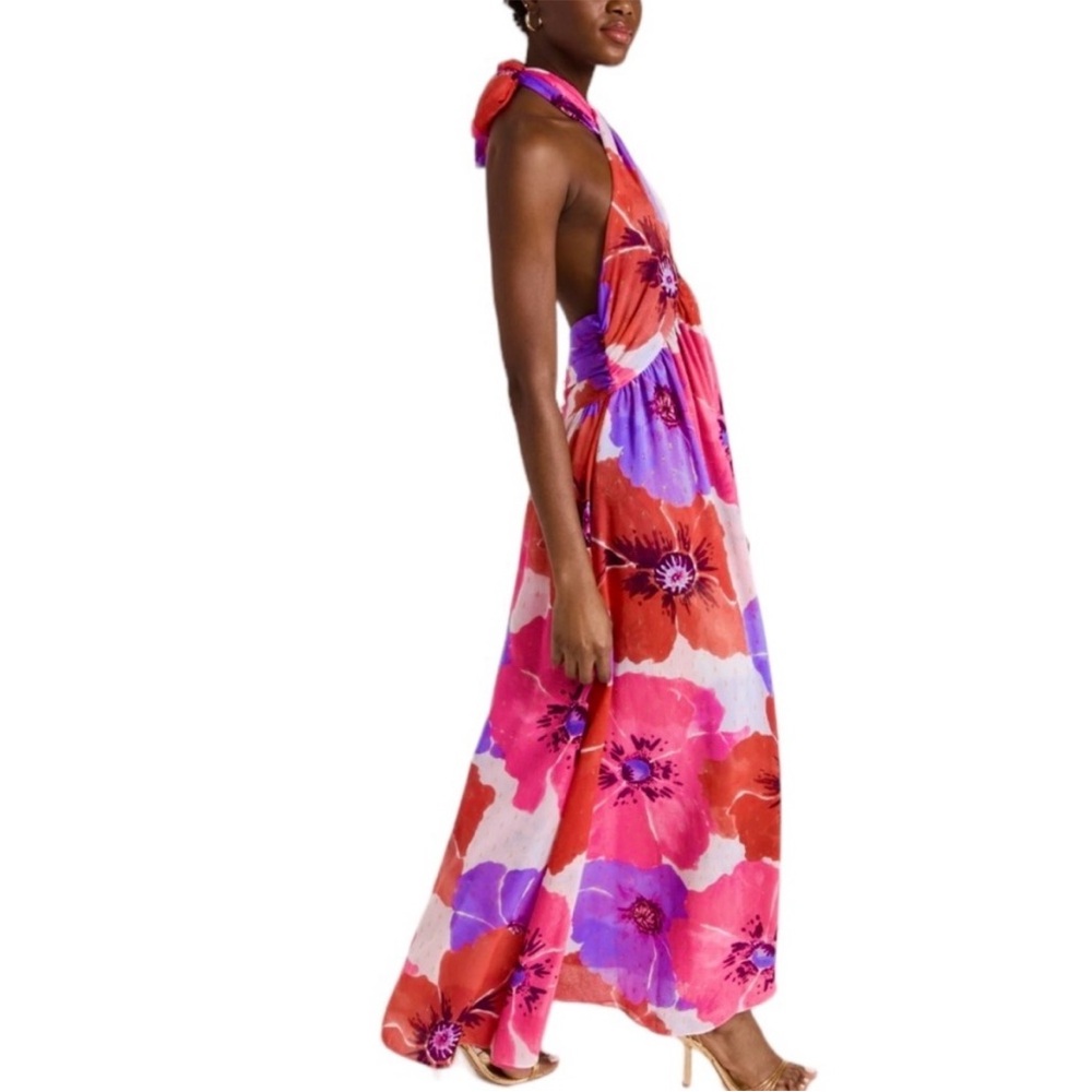 MISA Dress Alexandra Maxi Halter Floral Poppy Pink Red Gold NEW NWT S